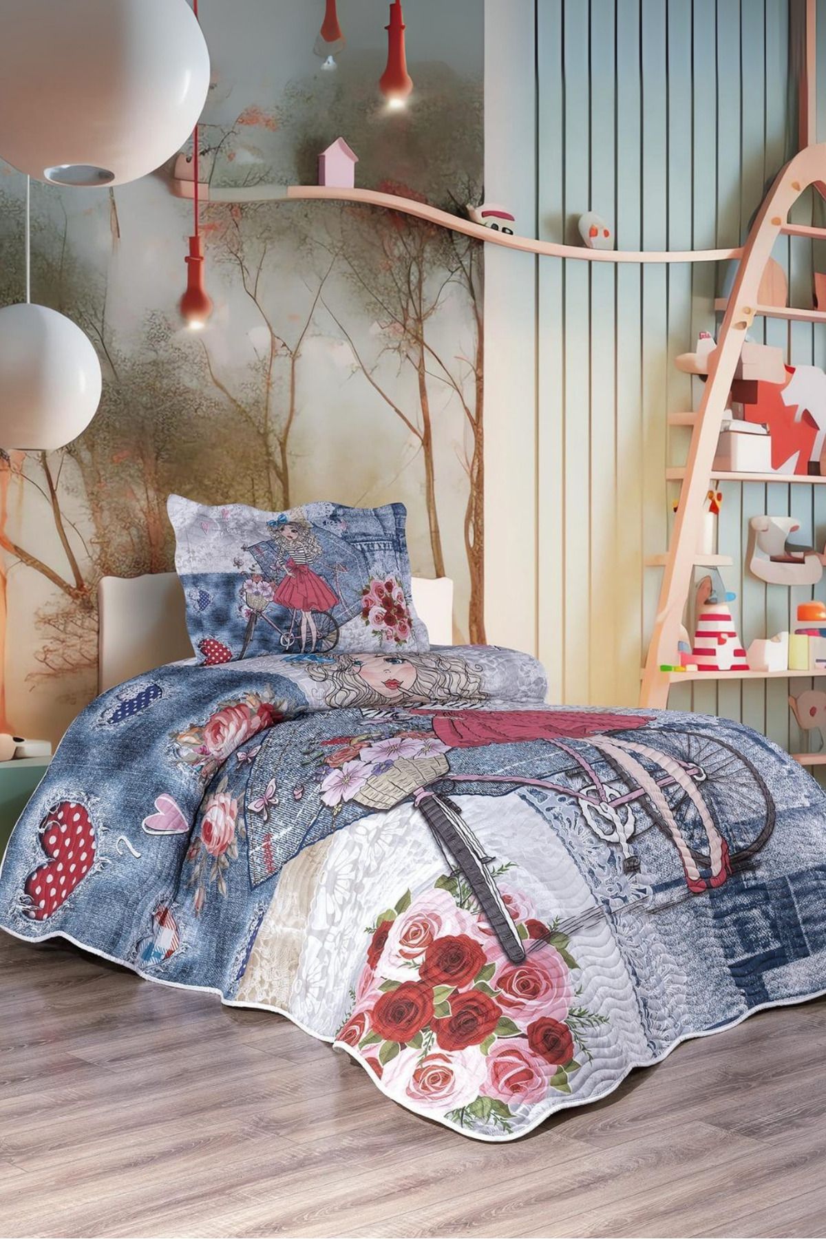 Çiçekci Kız Çocuk Tek Kişilik Yatak Örtüsü Takımı - Pike Set