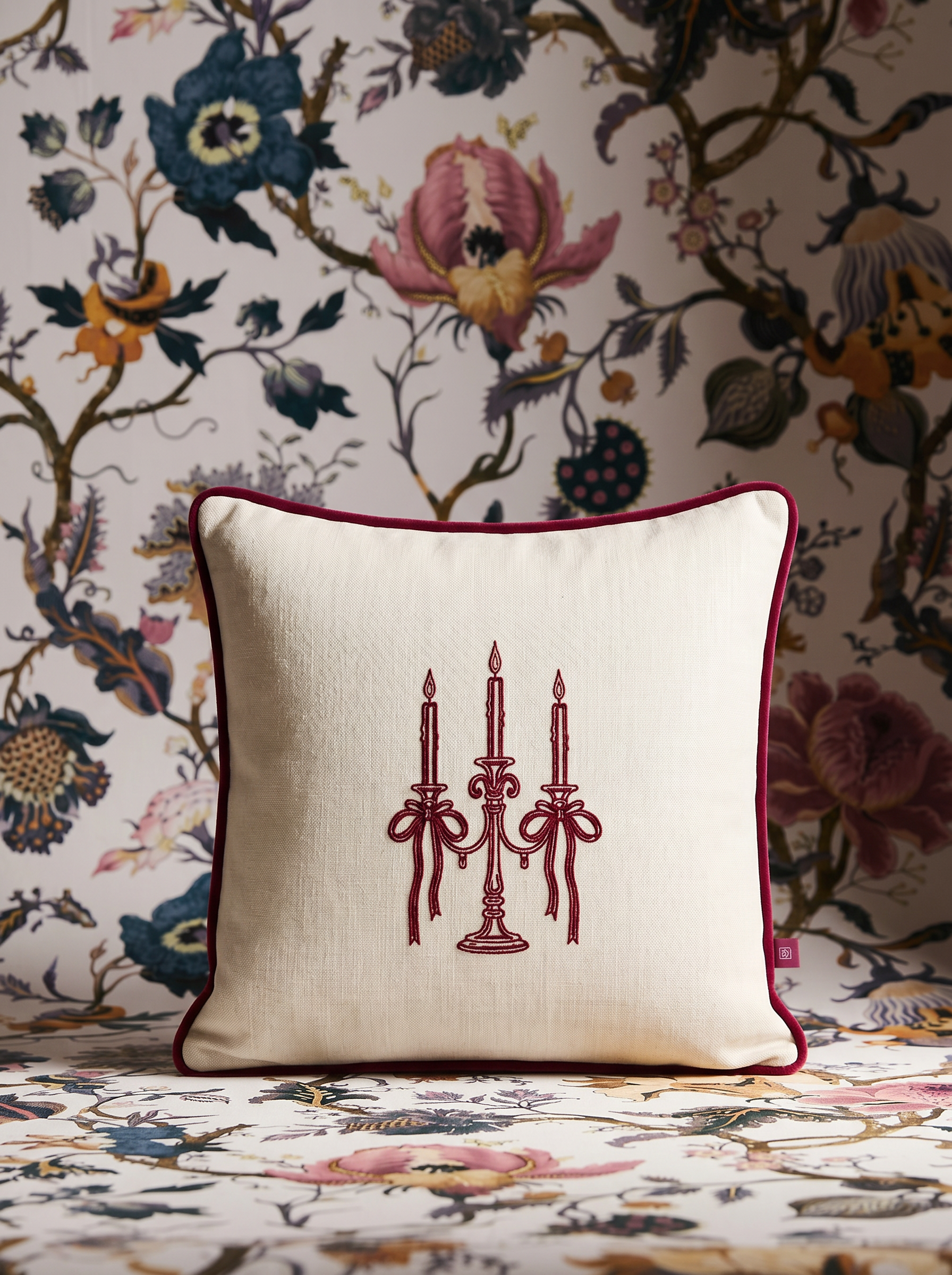 Red Romance Mum Şamdan Desenli Nakışlı Kırlent Kılıfı