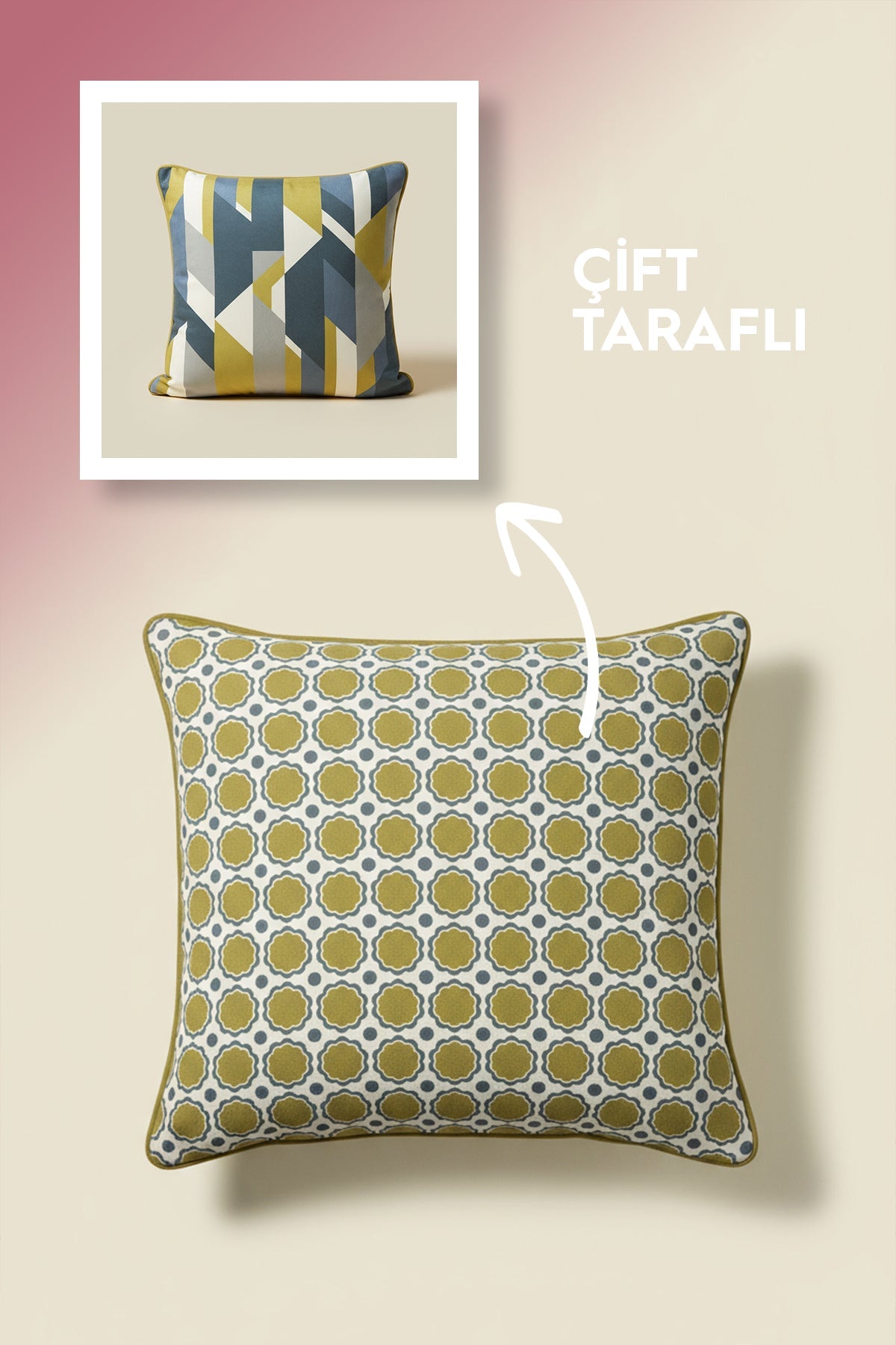 Avely Çift Taraflı Yeşil-Lacivert Geometrik Desenli Kırlent Kılıfı 45x45