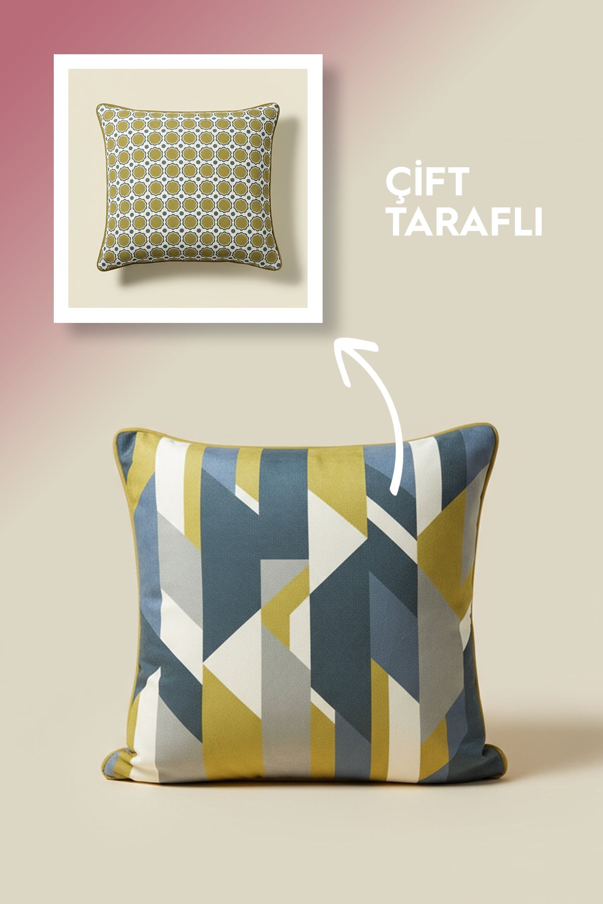 Avely Çift Taraflı Yeşil-Lacivert Geometrik Desenli Kırlent Kılıfı 45x45