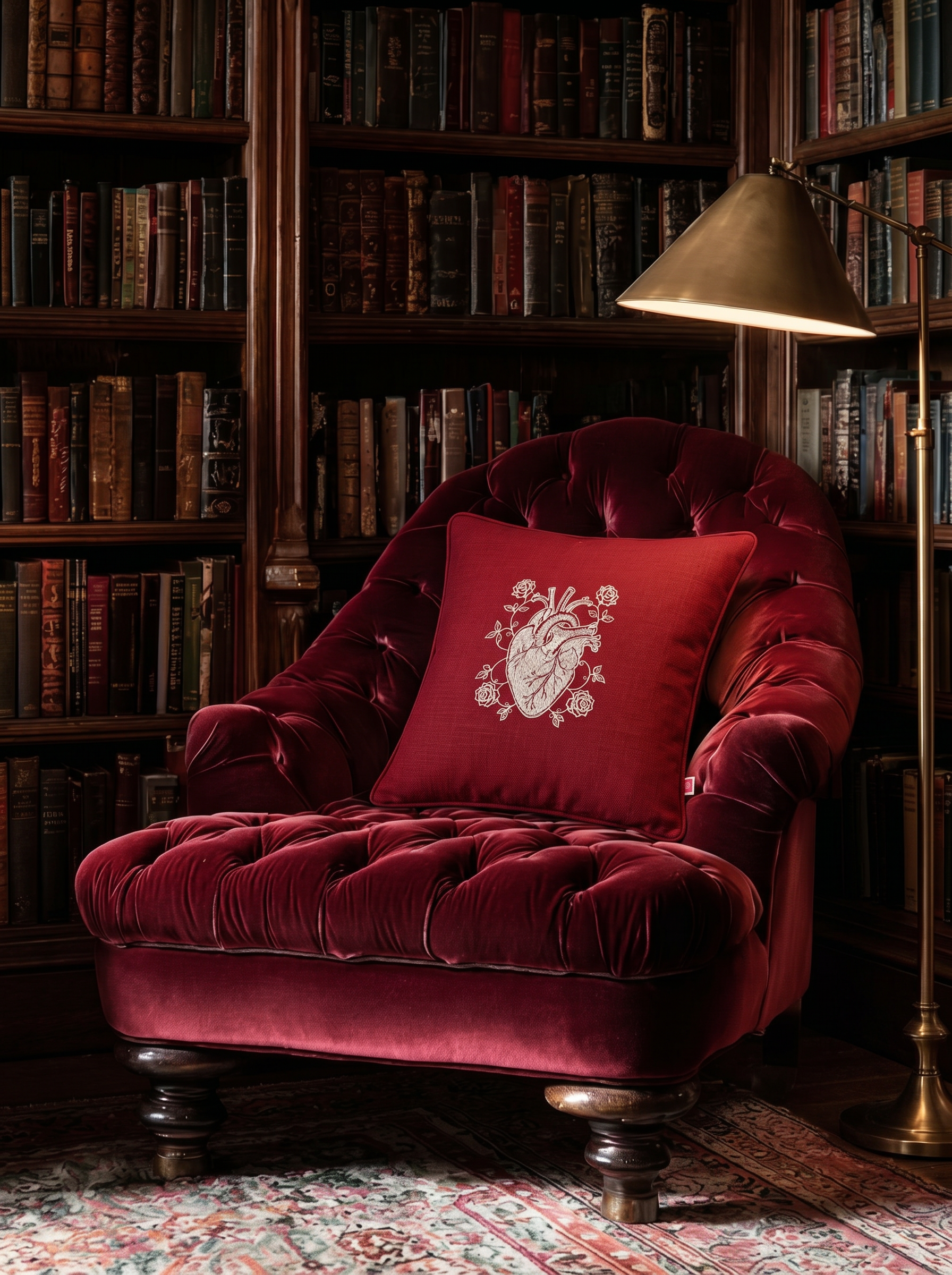 Red Romance Kalp Nakışlı Kırlent Kılıfı