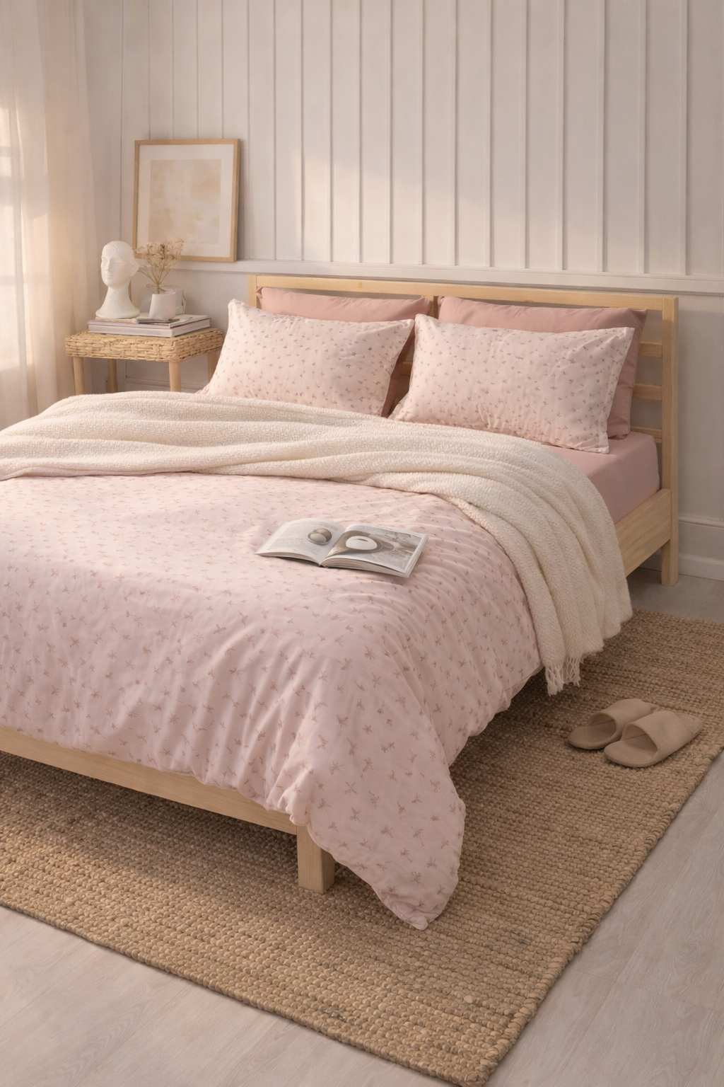 Mia %100 Pamuk Çift Kişilik Nevresim Takımı – Pembe | Lastikli Çarşaflı 6 Parça