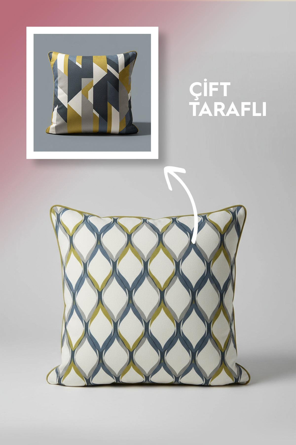 Velmor Çift Taraflı Yeşil-Lacivert Geometrik Desenli Kırlent Kılıfı 45x45