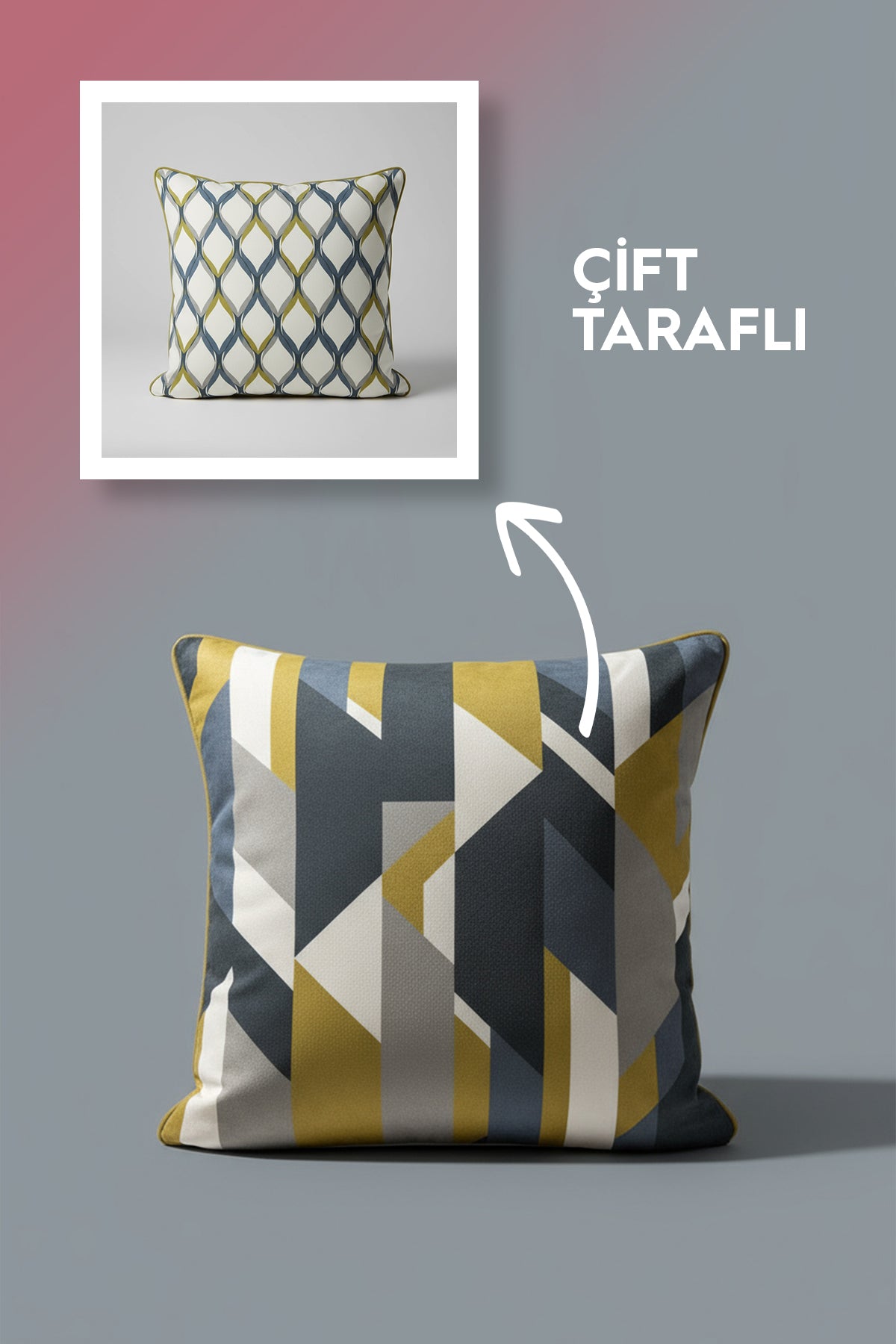 Velmor Çift Taraflı Yeşil-Lacivert Geometrik Desenli Kırlent Kılıfı 45x45