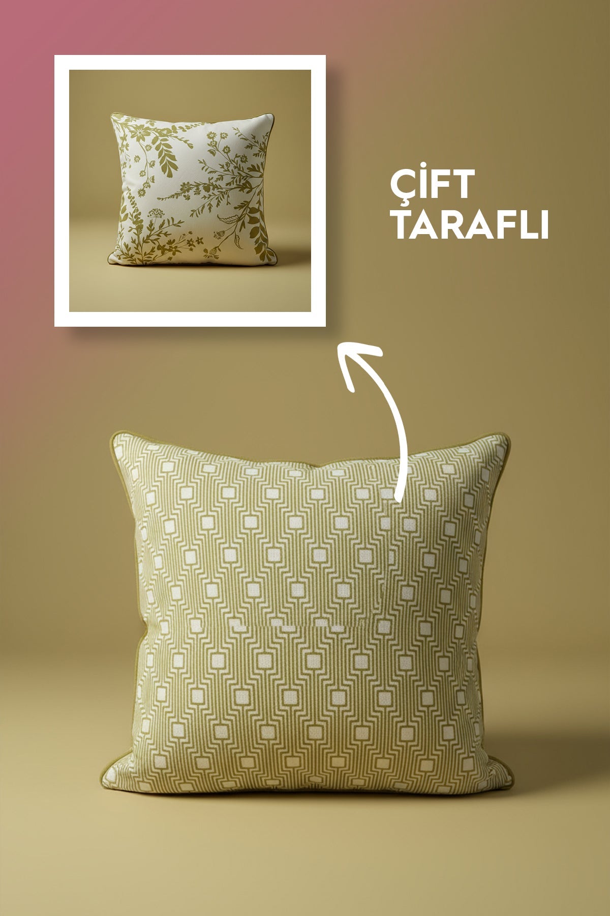 Veyra Çift Taraflı Yeşil Çiçek Desenli Kırlent Kılıfı 45x45